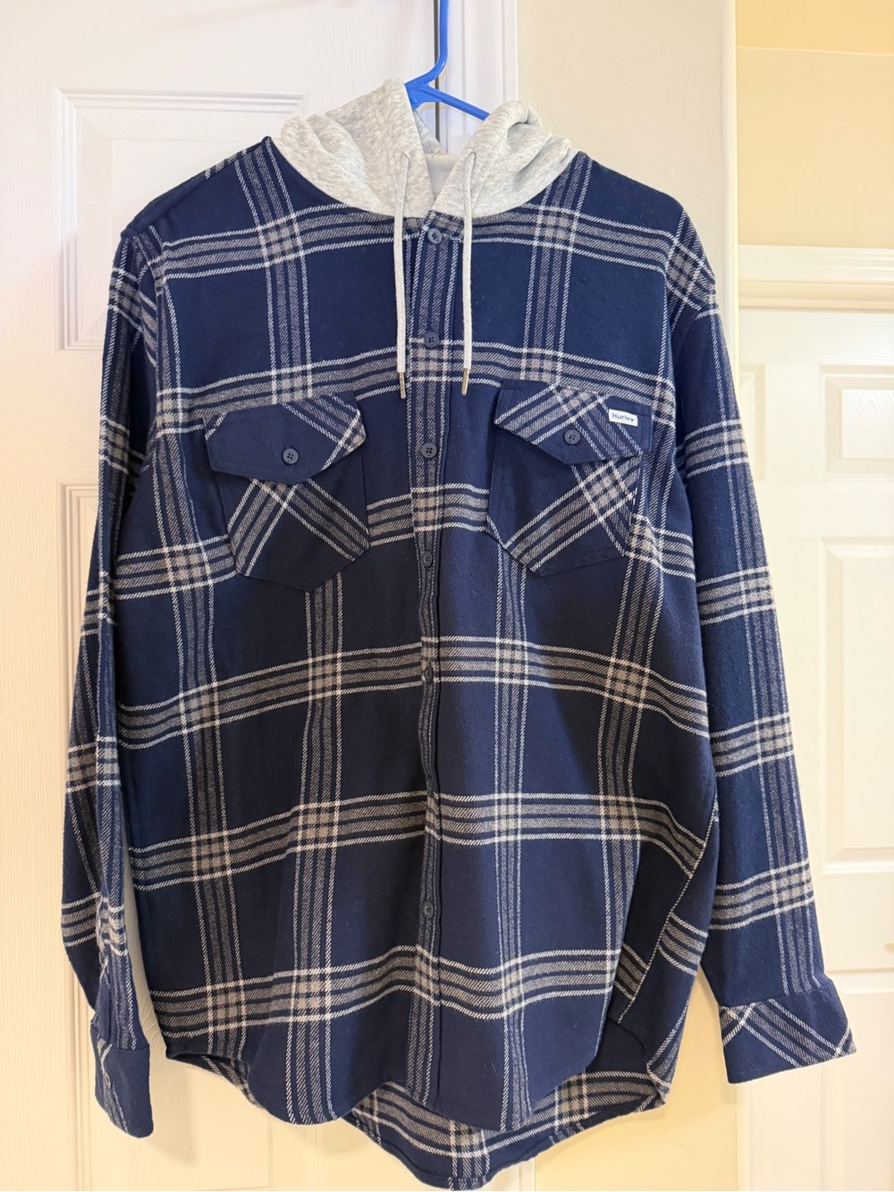 Hurley Navy and Cream Plaid Hooded Flannel shirt